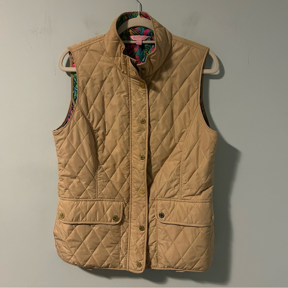 Lilly Pulitzer Beige Getaway Quilted Snap Full-Zip Vest Size Large